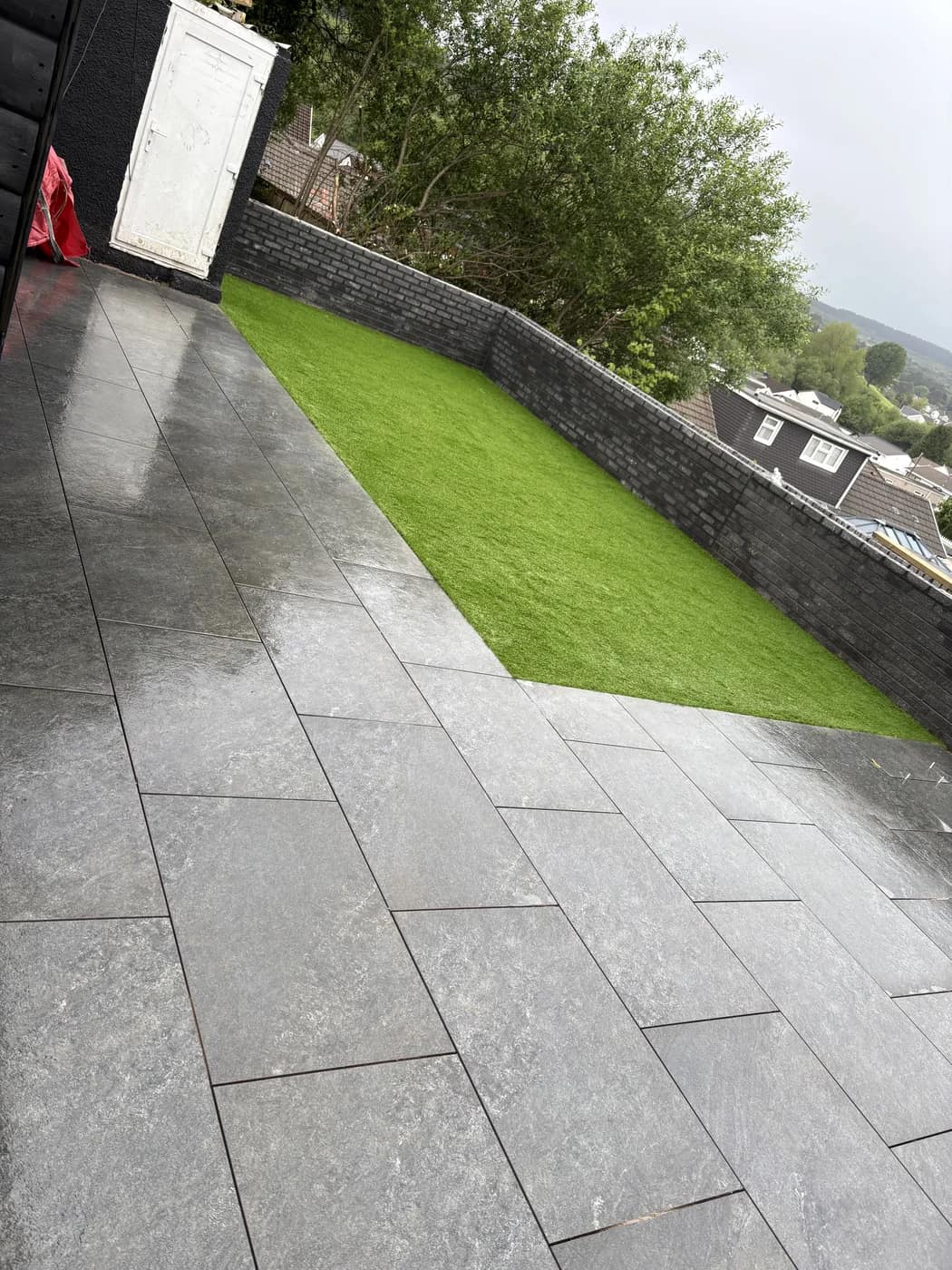 Grey porcelain patio artificial lawn garden nantymoel by HJB